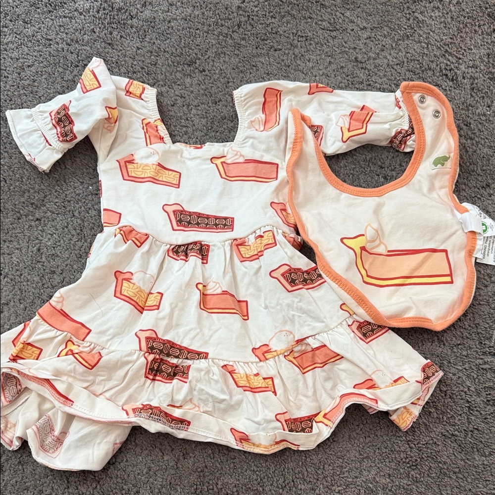 Baby Girls White and Coral Printed Dress with Matching Bib